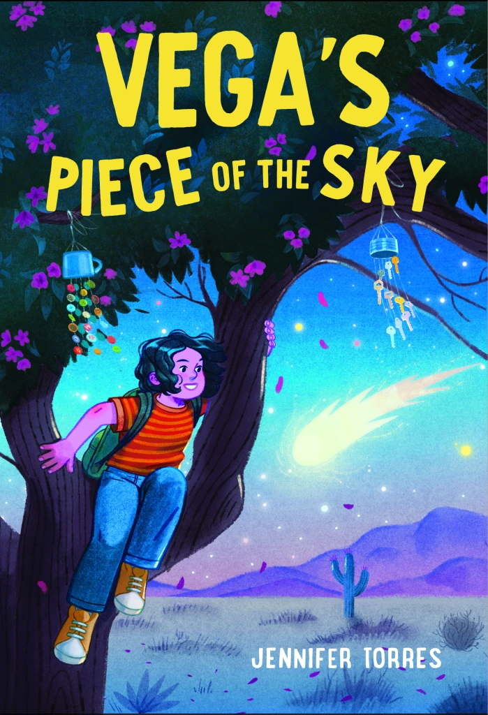 Book cover image of Vega's Piece of the Sky showing a Latina girl, around 10-12 in a tree at night, watching a comet soar over the desert.