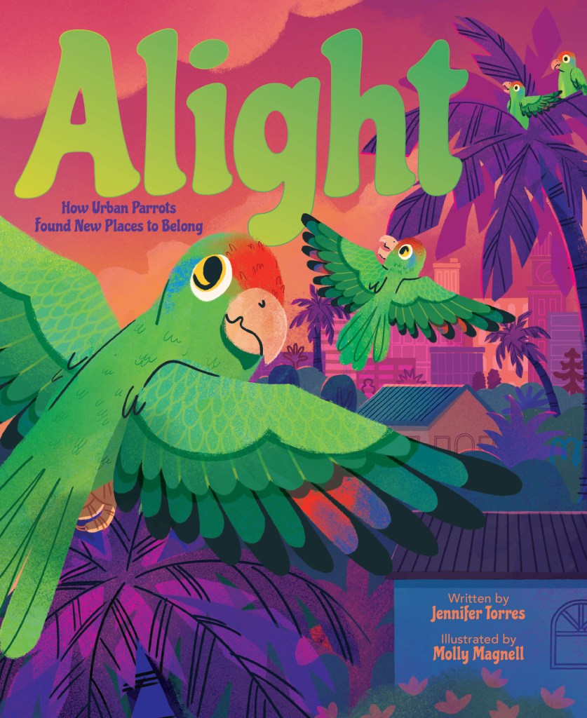 Book cover of Alight, showing green parrots flying over rooftops